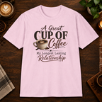 A Great Cup of Coffee T-Shirt flat-lay mockup - Light Pink