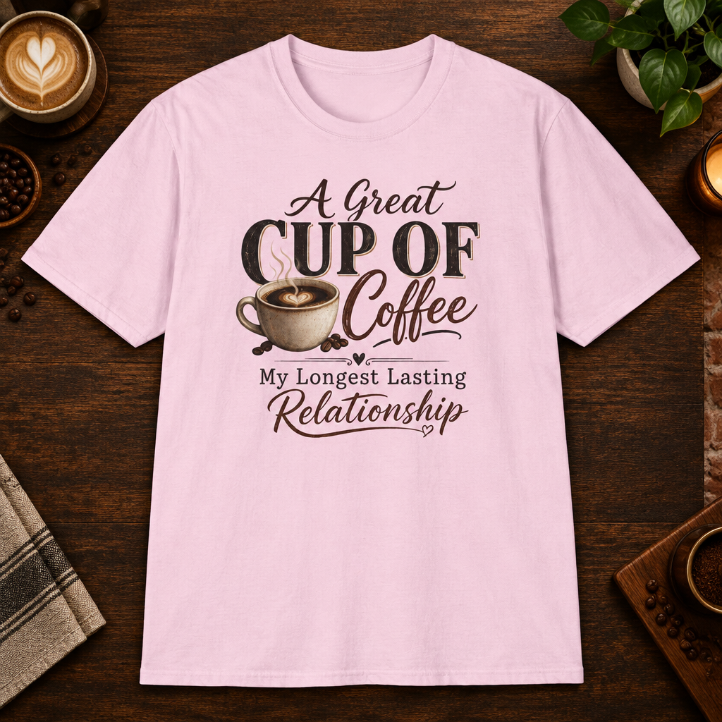 A Great Cup of Coffee T-Shirt flat-lay mockup - Light Pink