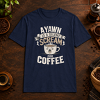 A Yawn for a Coffee Cup T-Shirt Navy coffee-bar flat-lay mockup