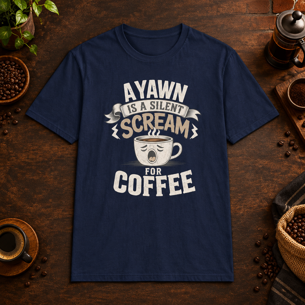 A Yawn for a Coffee Cup T-Shirt Navy coffee-bar flat-lay mockup