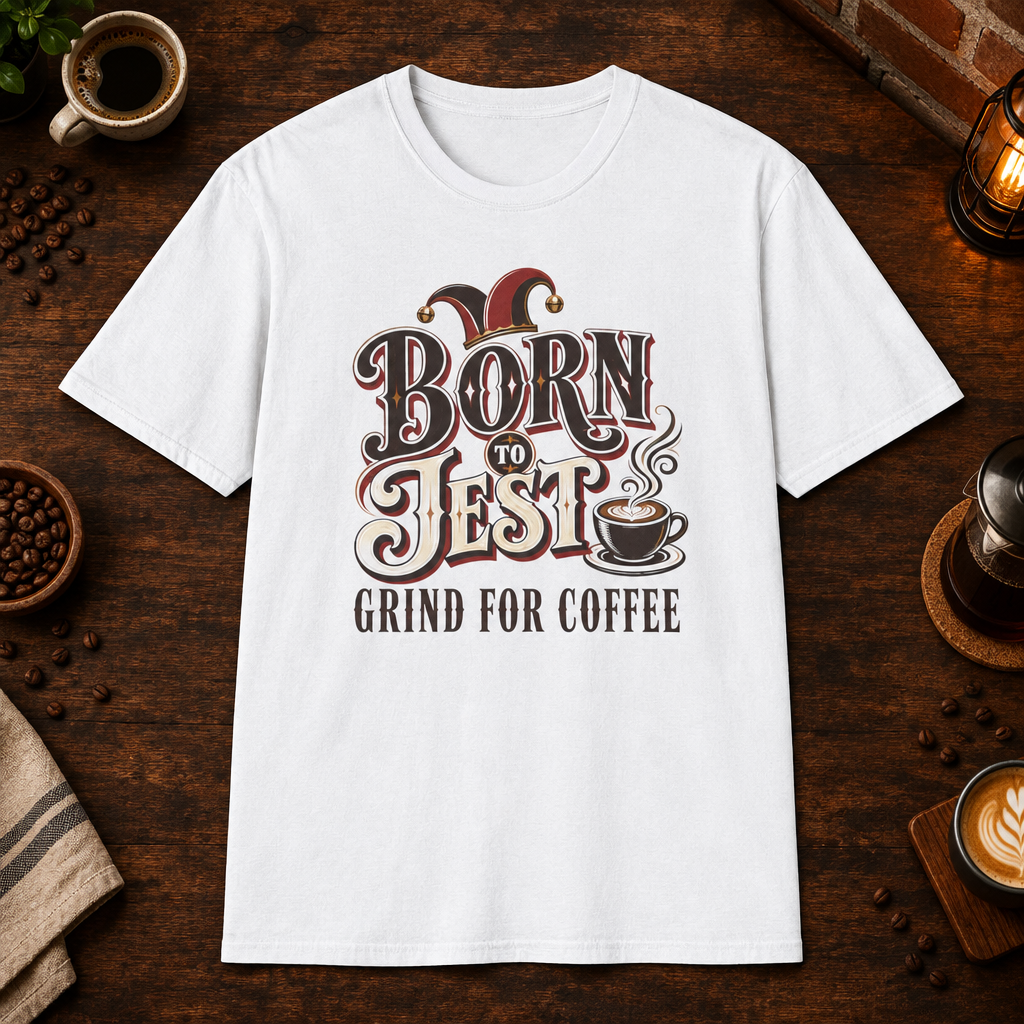 Born to Jest T-Shirt coffee-bar flat-lay mockup