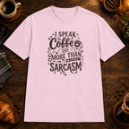 I Speak Coffee T-Shirt flat-lay mockup - Light Pink