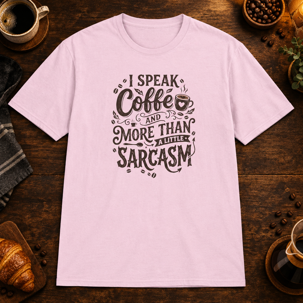 I Speak Coffee T-Shirt flat-lay mockup - Light Pink