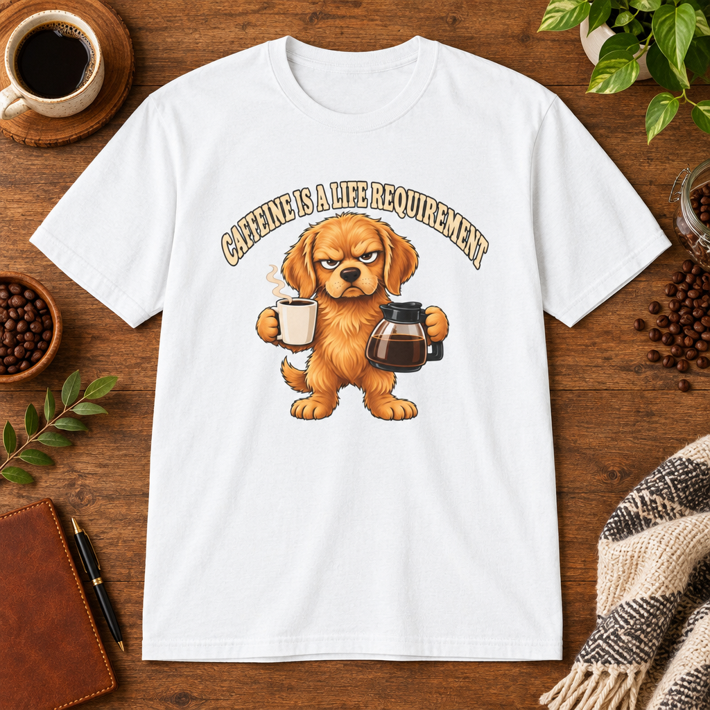Caffeine is a Life Requirement T-Shirt in Light Pink, lifestyle mockup