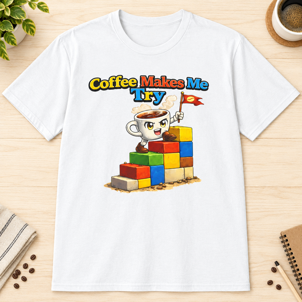 Coffee Makes Me Try 2 T-Shirt in Sage, zoomed lifestyle mockup
