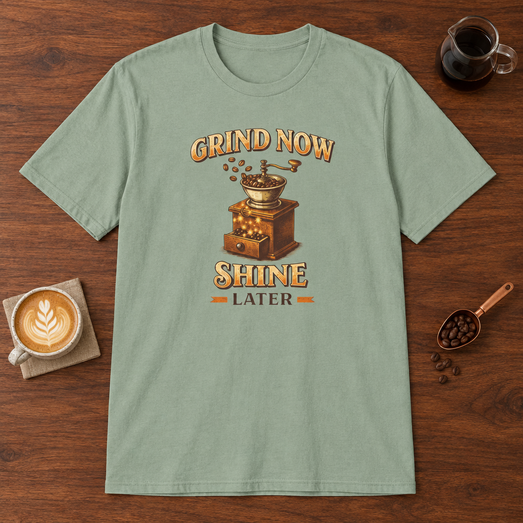 Grind Now Shine Later T-Shirt Sage coffee bar mockup
