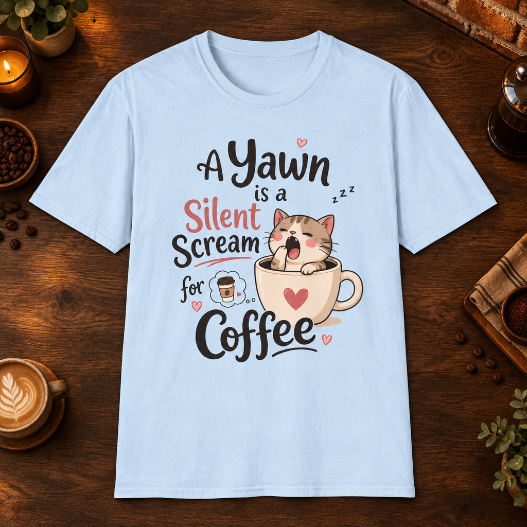 A Kitten’s Yawn T-Shirt in Light Blue, overhead coffee-bar flat-lay mockup
