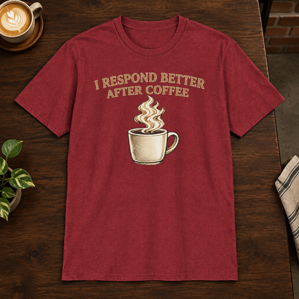 I Respond Better T-Shirt Antique Cherry Red close-fill short-sleeve coffee-bar flat lay