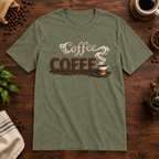 Coffee T-Shirt Heather Military Green coffee-bar flat lay