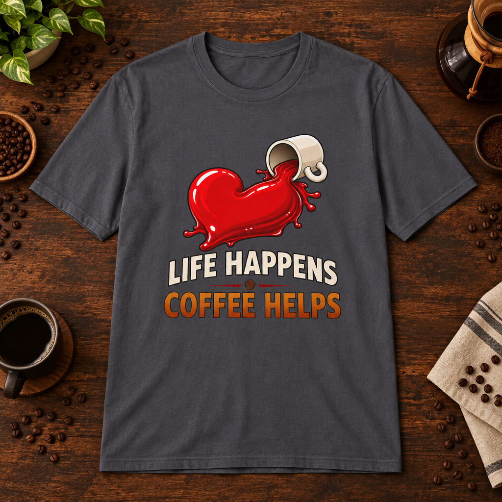 Life Happens T-Shirt Charcoal coffee-bar flat lay