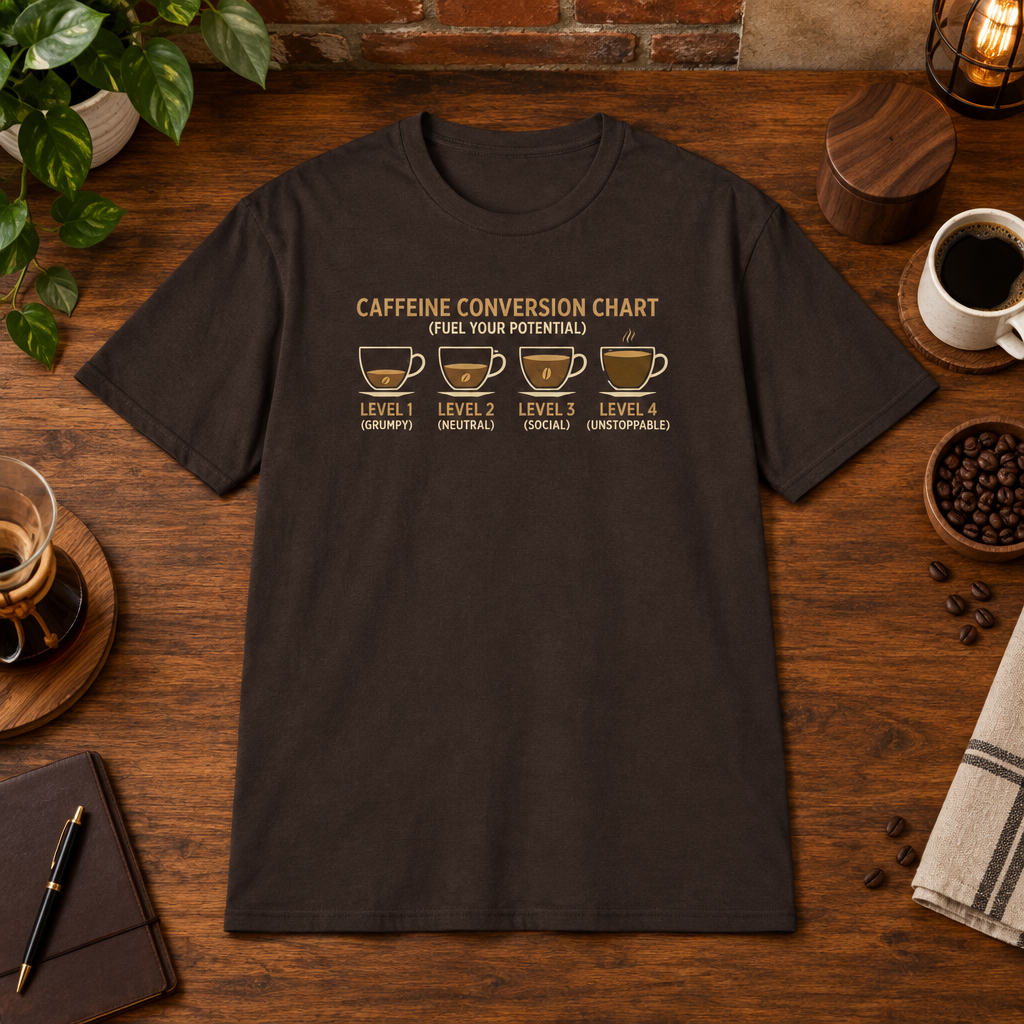 Caffeine Conversion T-Shirt Dark Chocolate close-fill short-sleeve coffee-bar flat lay