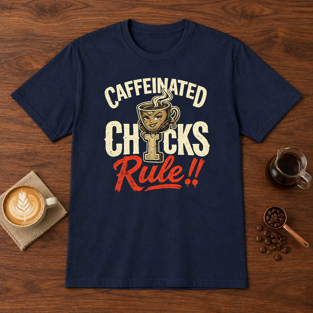 Caffeinated Chicks T-Shirt Navy coffee bar mockup