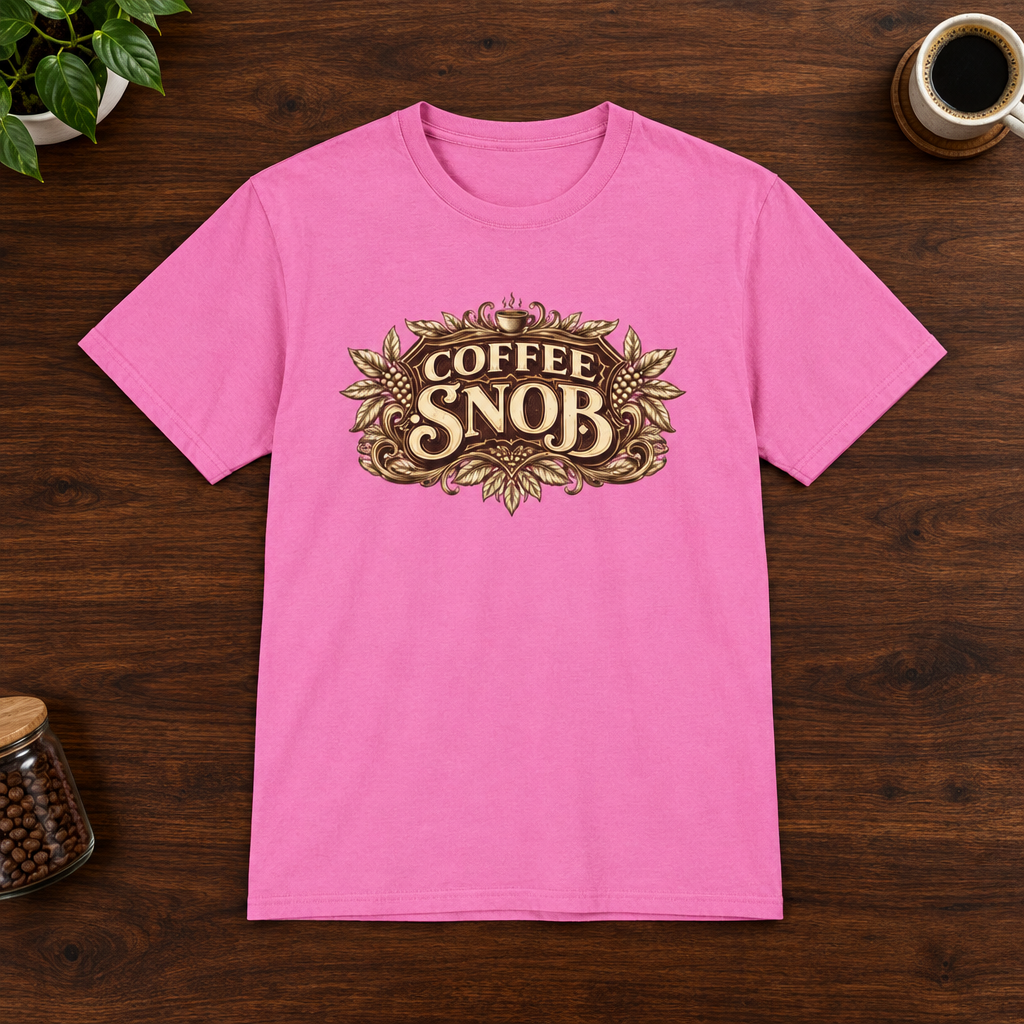 Coffee Snob T-Shirt Azalea short-sleeve coffee-bar flat lay