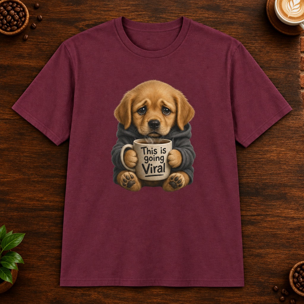 This Is Going Viral T-Shirt in Maroon on a dark wood coffee bar