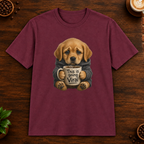 This Is Going Viral T-Shirt in Maroon on a dark wood coffee bar