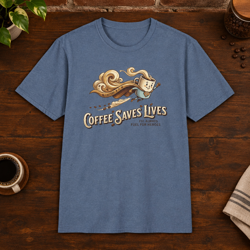 Coffee Saves Lives T-Shirt Heather Indigo subtly closer coffee-bar flat lay
