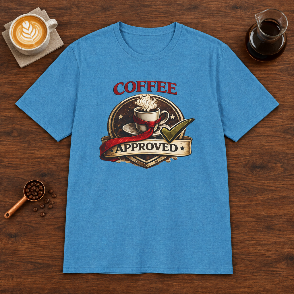 Coffee Approved T-Shirt Heather Sapphire coffee bar mockup