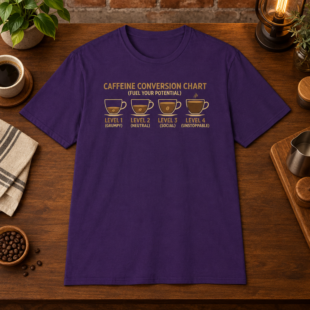 Caffeine Conversion T-Shirt Purple close-fill short-sleeve coffee-bar flat lay