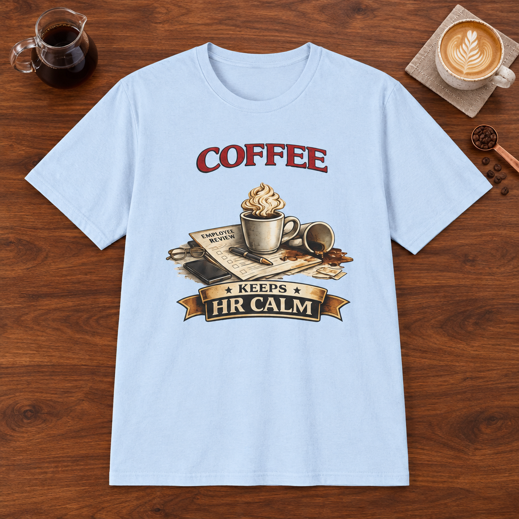 Coffee Keeps HR Calm T-Shirt Light Blue coffee bar mockup
