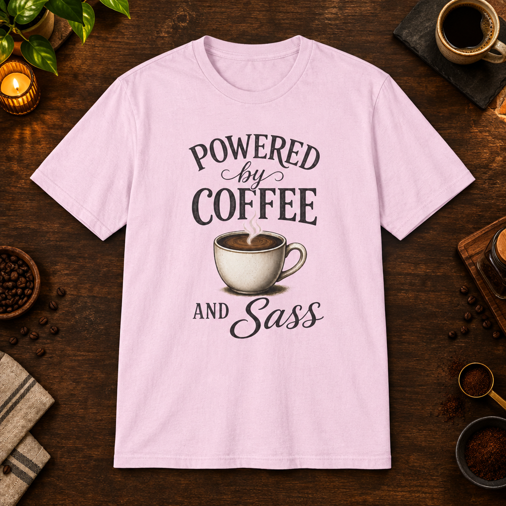Powered by Coffee T-Shirt in Light Pink, coffee bar flat lay mockup