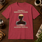 Not a Morning Person T-Shirt Heather Cardinal short-sleeve coffee-bar flat lay