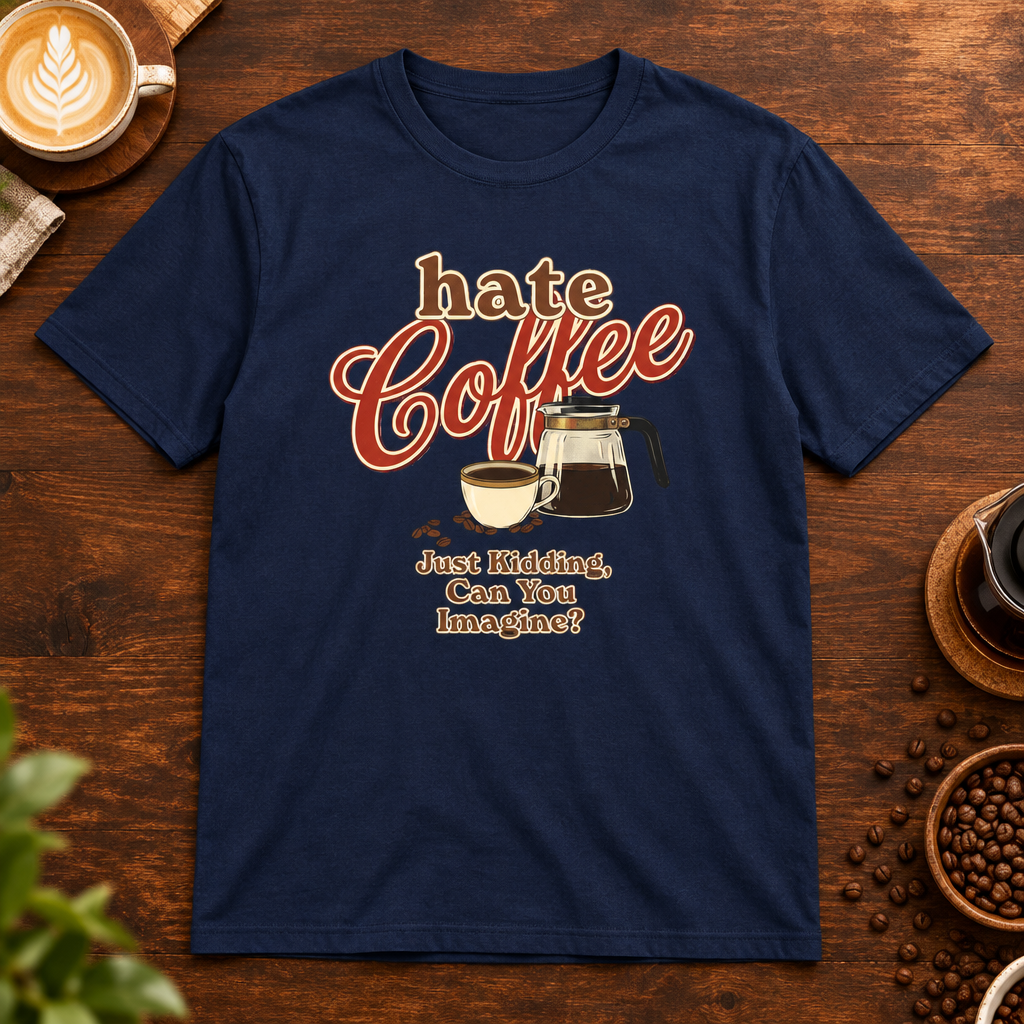 Hate Coffee T-Shirt Navy on warm coffee bar