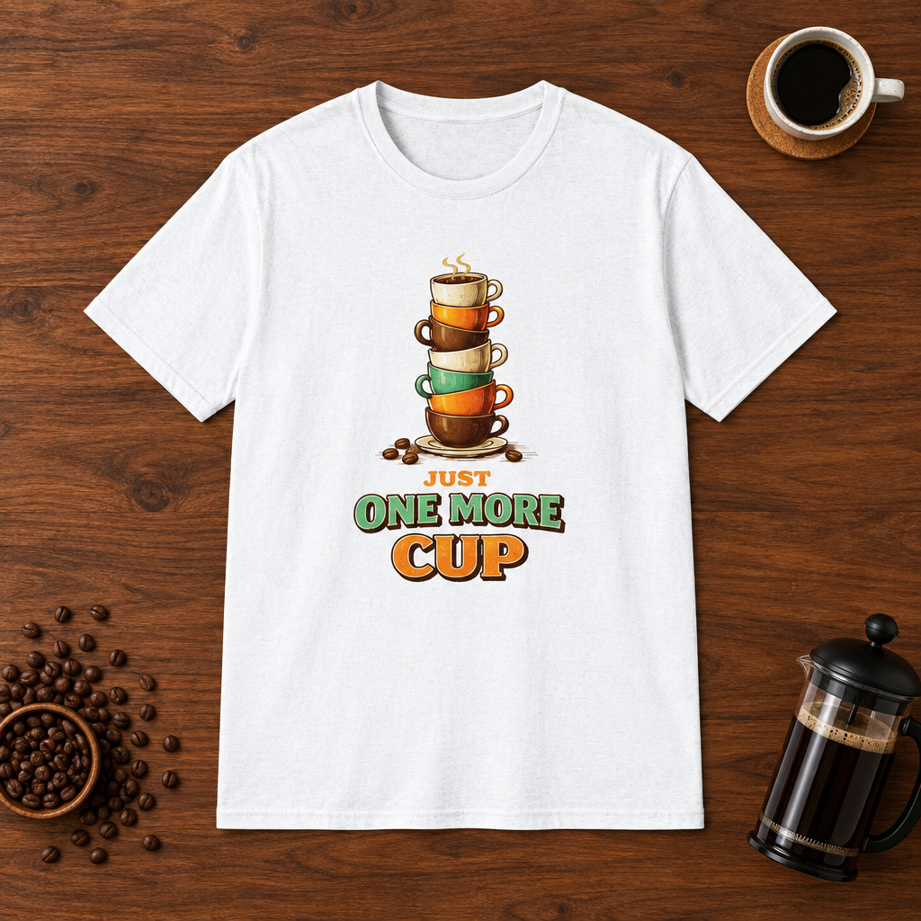 Just One More Cup T-Shirt White coffee-bar flat lay