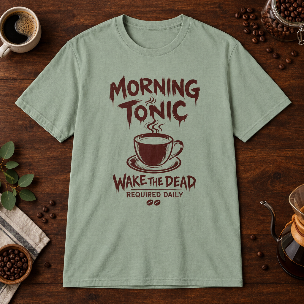 Morning Tonic T-Shirt Sage coffee-bar flat lay