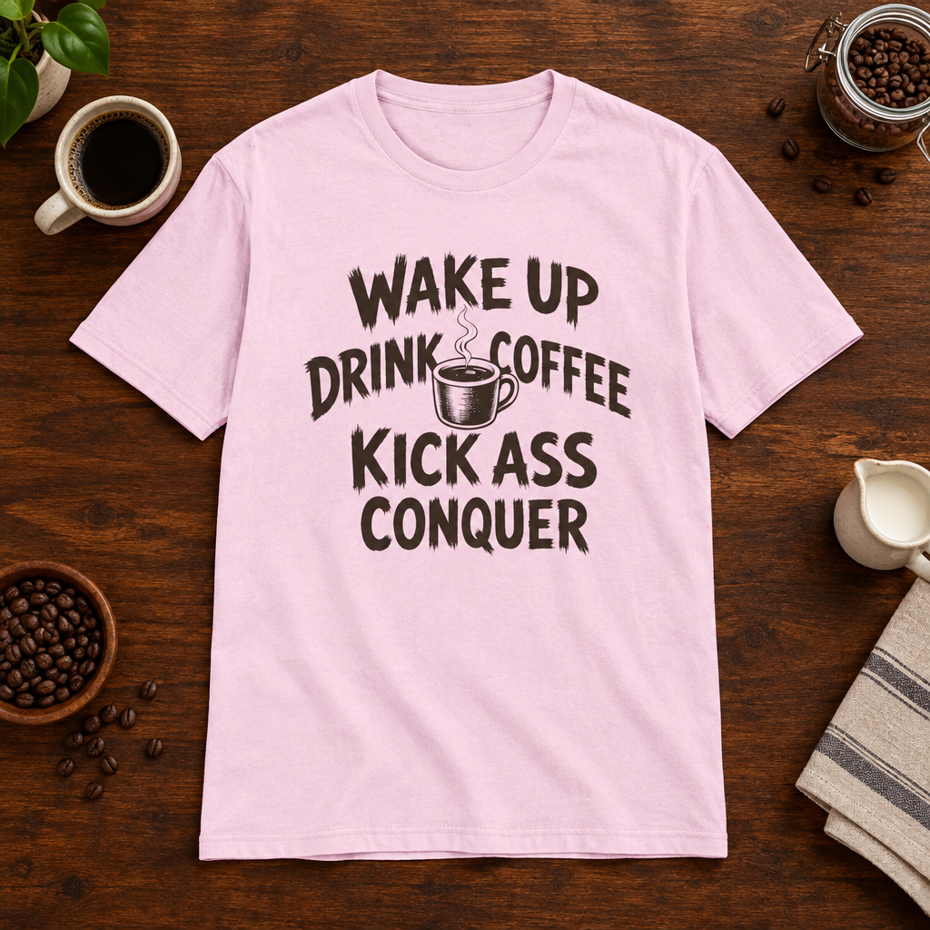 Wake Up T-Shirt Light Pink coffee-bar flat lay