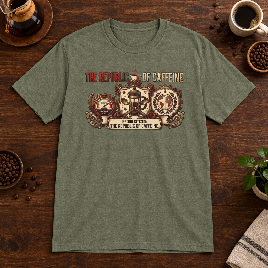 Republic of Caffeine T-Shirt Heather Military Green short-sleeve coffee-bar flat lay