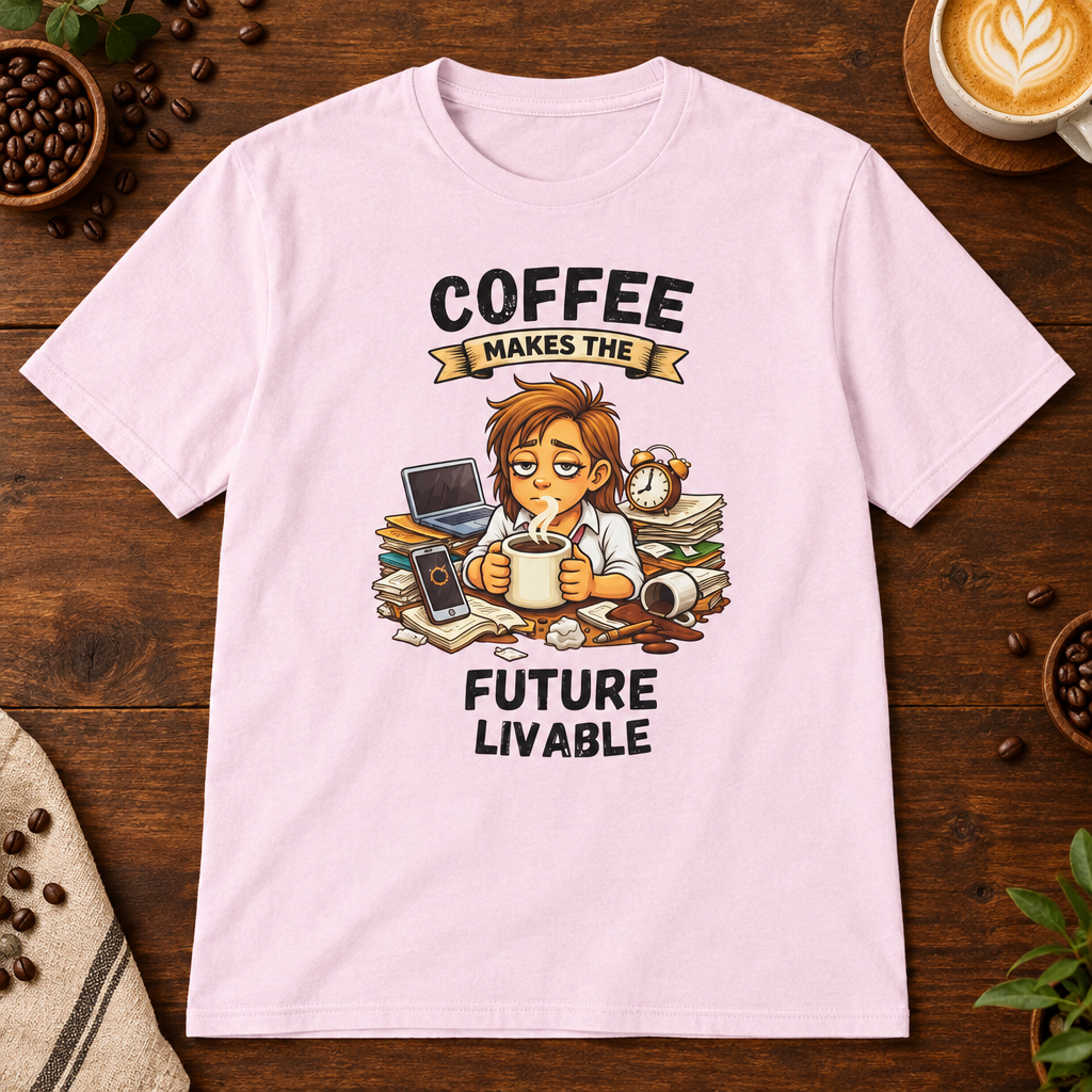 Coffee Makes the Woman T-Shirt in Light Pink on a dark wood coffee bar
