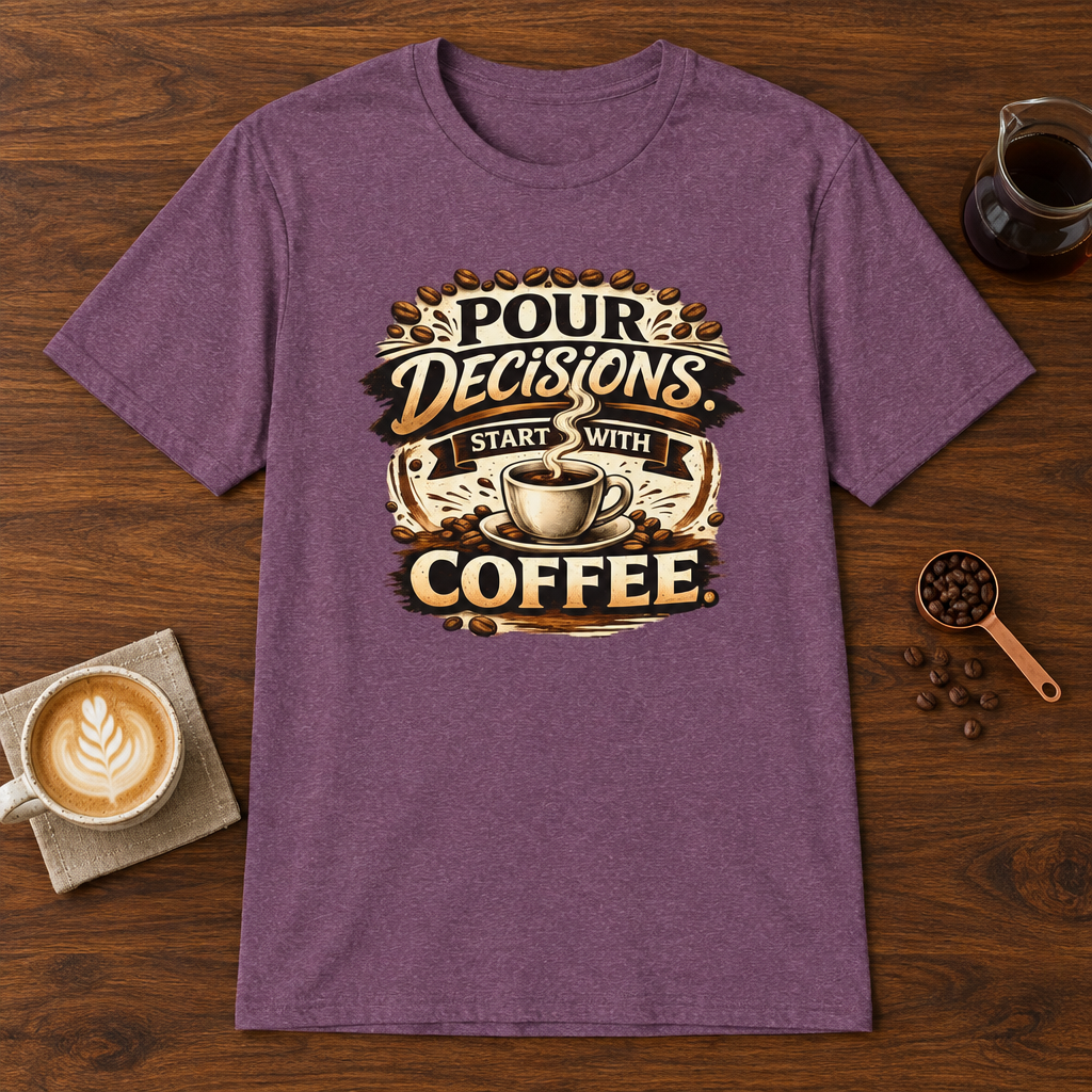 Pour Decisions Start with Coffee T-Shirt Heather Maroon coffee bar mockup