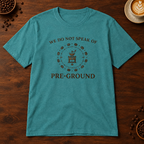 Pre-Ground T-Shirt in Heather Galapagos Blue on a dark wood coffee bar