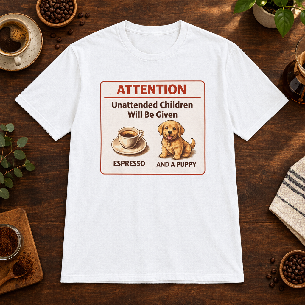 Espresso and Puppies T-Shirt White short-sleeve coffee-bar flat lay