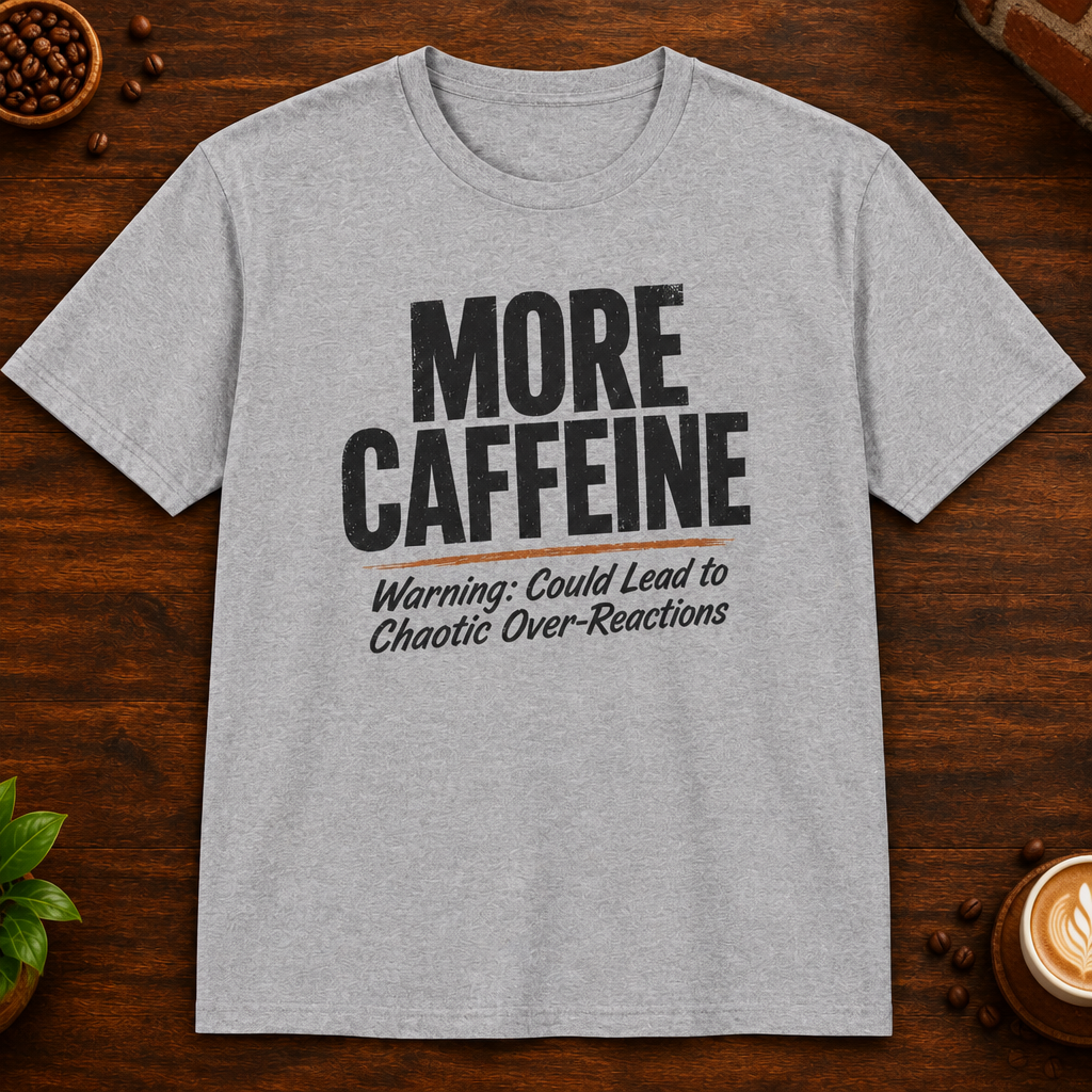 More Caffeine T-Shirt in Sport Grey on a dark wood coffee bar