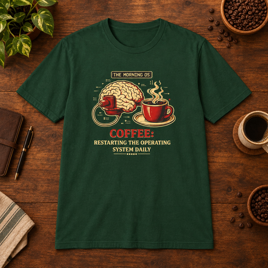 Coffee OS T-Shirt Forest Green short-sleeve coffee-bar flat lay