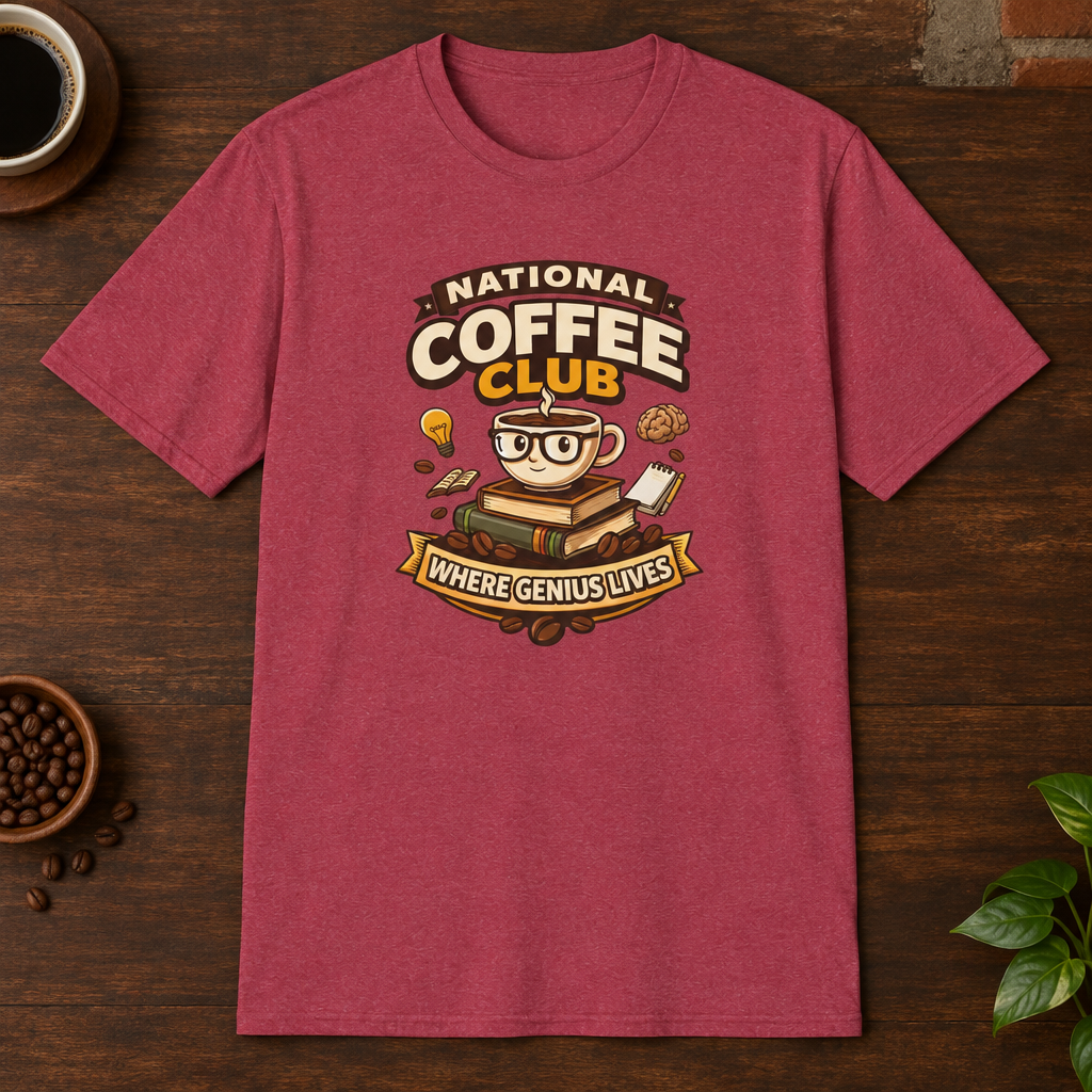 National Coffee Club T-Shirt Heather Cardinal close-fill short-sleeve coffee-bar flat lay