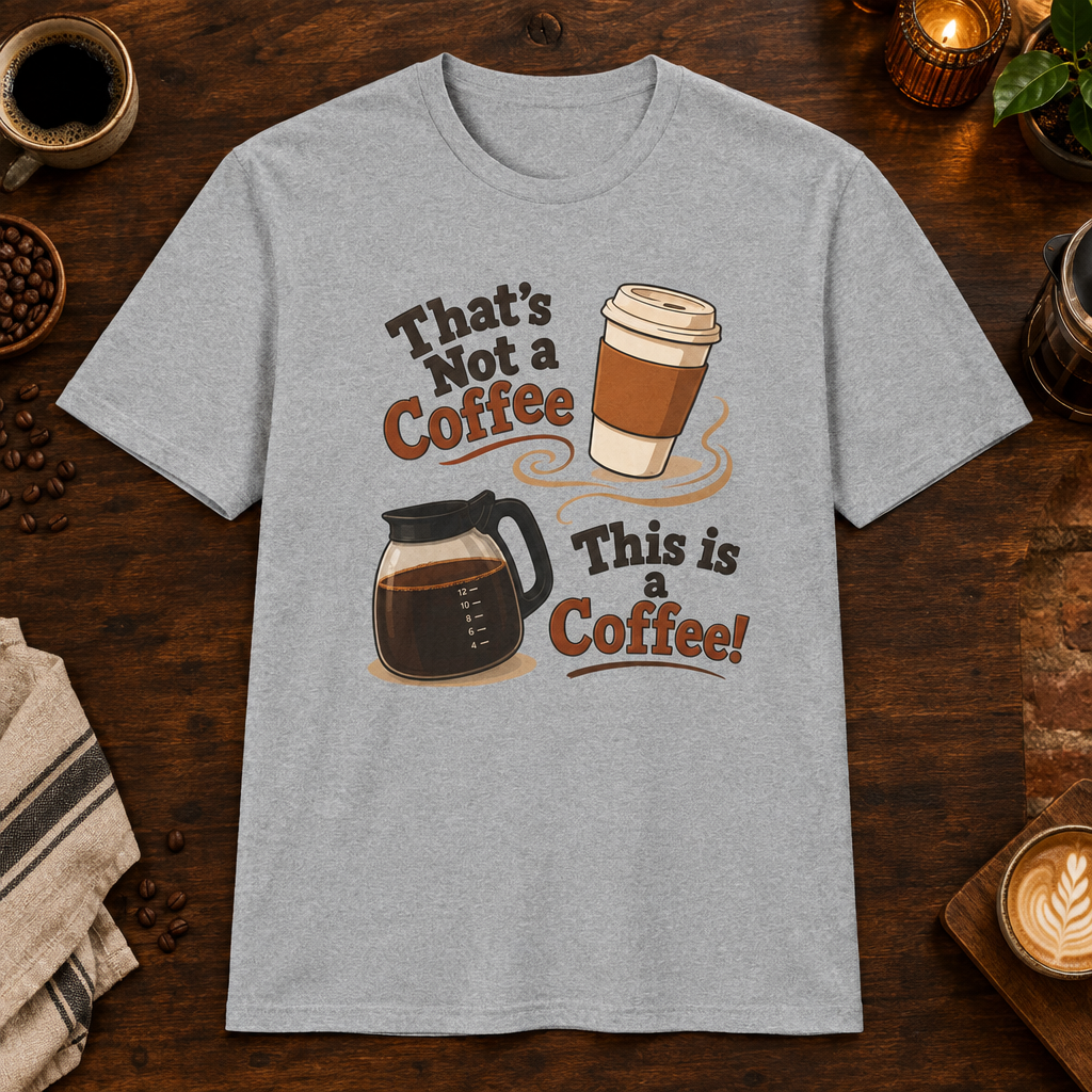 That’s Not a Coffee T-Shirt in Sport Grey, overhead coffee-bar flat-lay mockup