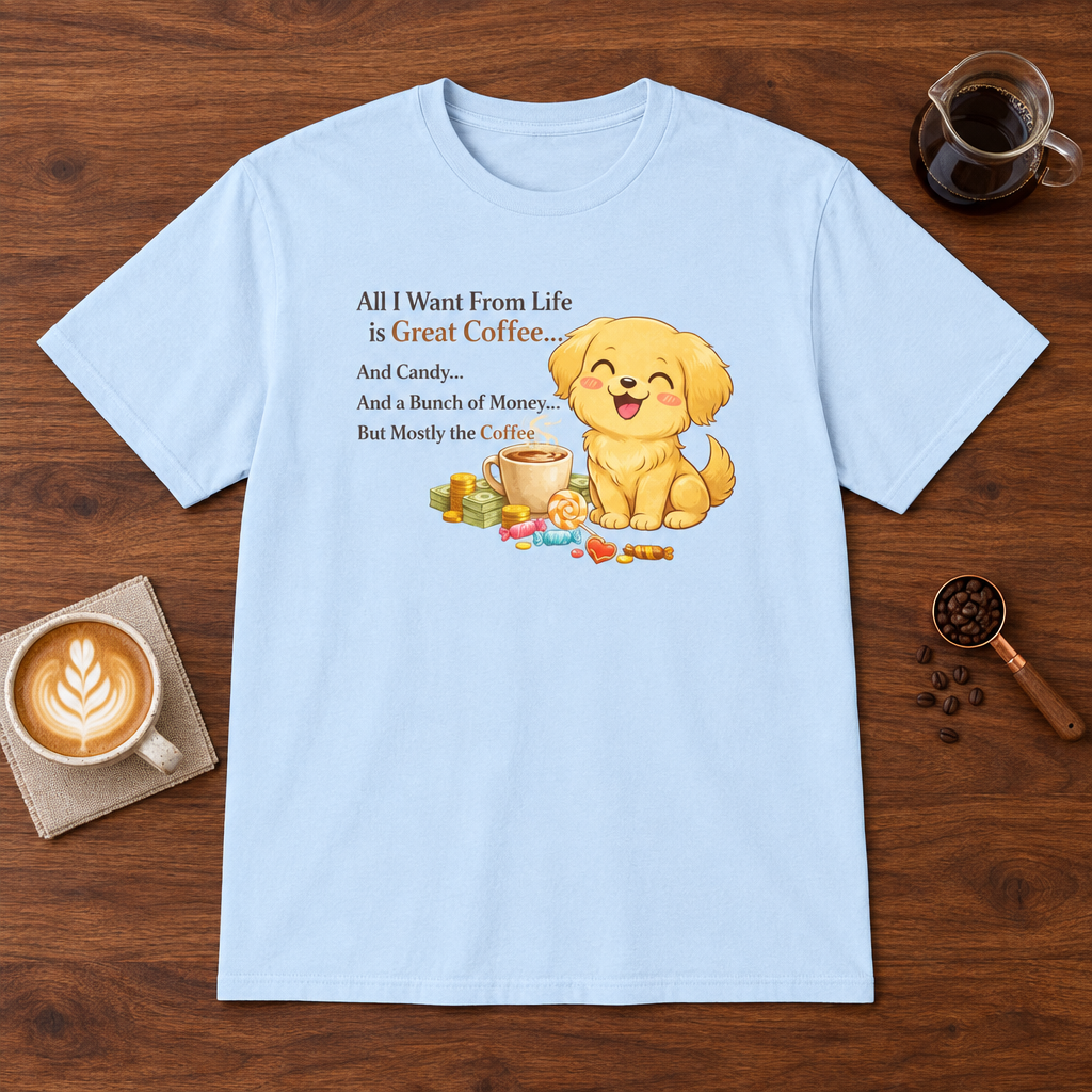 Great Coffee T-Shirt Light Blue coffee bar mockup