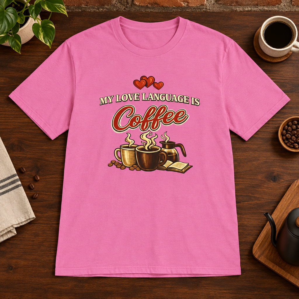 Love Language T-Shirt Azalea close-fill short-sleeve coffee-bar flat lay