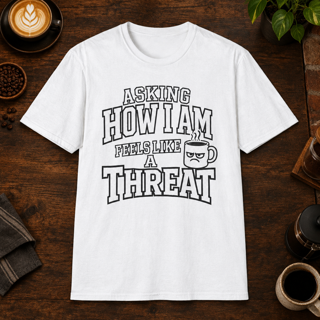 Asking How I Am T-Shirt in White, overhead coffee-bar flat-lay mockup