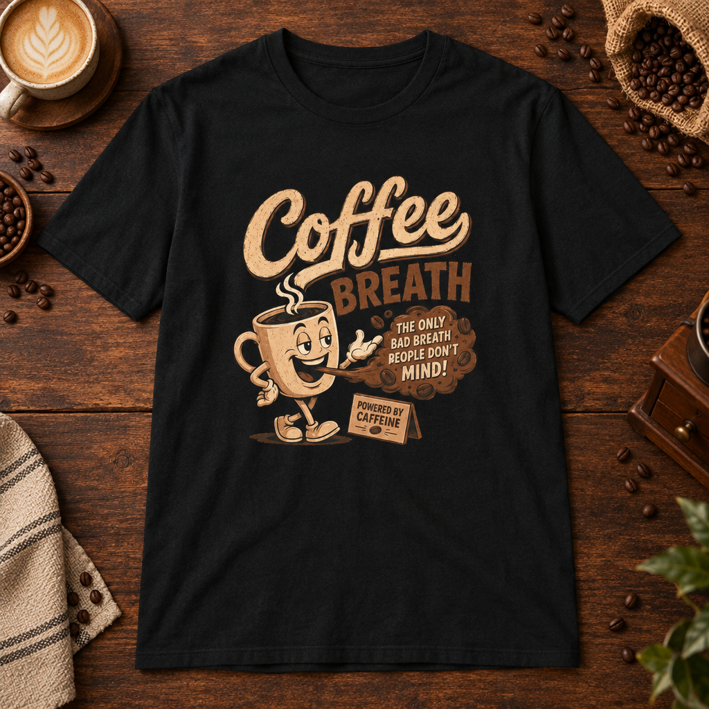 Coffee Breath T-Shirt Black on warm coffee bar