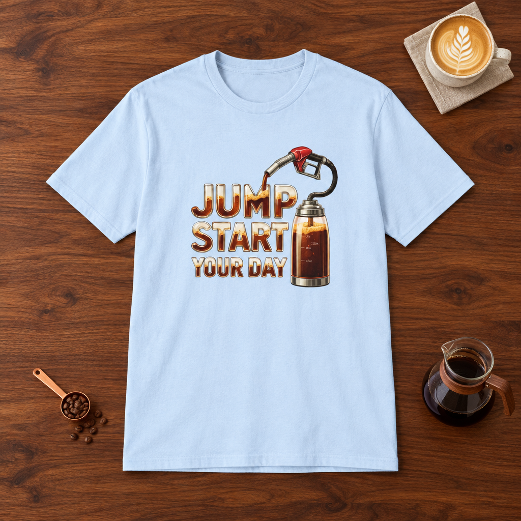 Jump Start Your Day T-Shirt Light Blue flat lay on walnut coffee bar