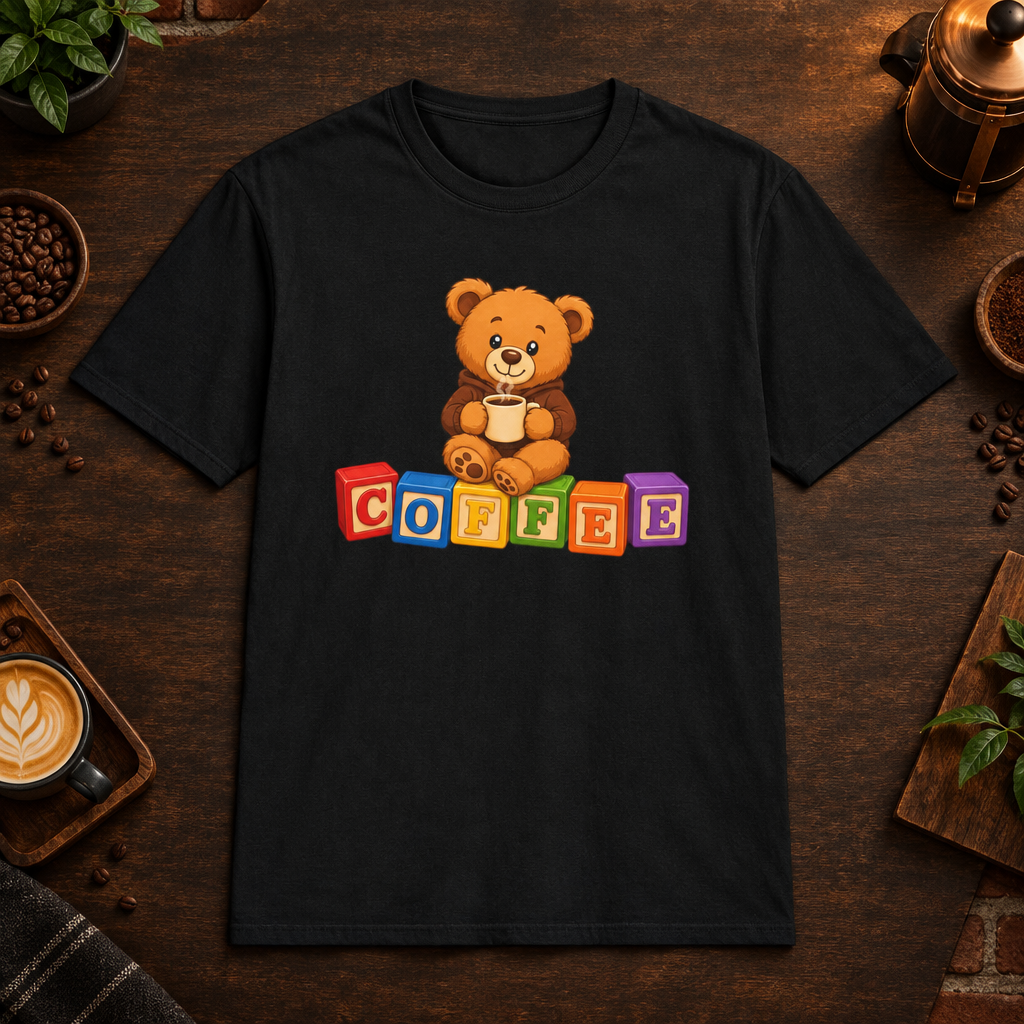 Teddy Bear T-Shirt in Black, coffee bar flat lay mockup