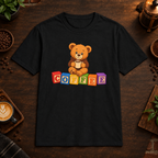 Teddy Bear T-Shirt in Black, coffee bar flat lay mockup