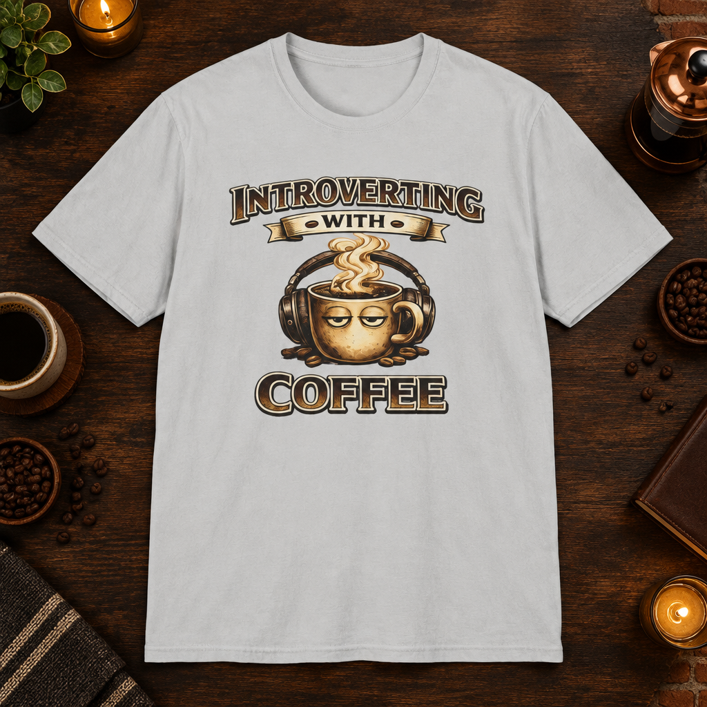 Introverting with Coffee T-Shirt in Ice Grey, zoomed lifestyle mockup
