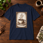 Coffee Woodcut T-Shirt Navy short-sleeve coffee-bar flat lay