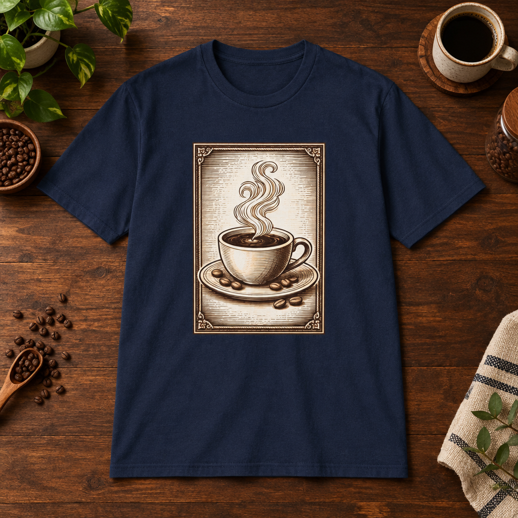 Coffee Woodcut T-Shirt Navy short-sleeve coffee-bar flat lay
