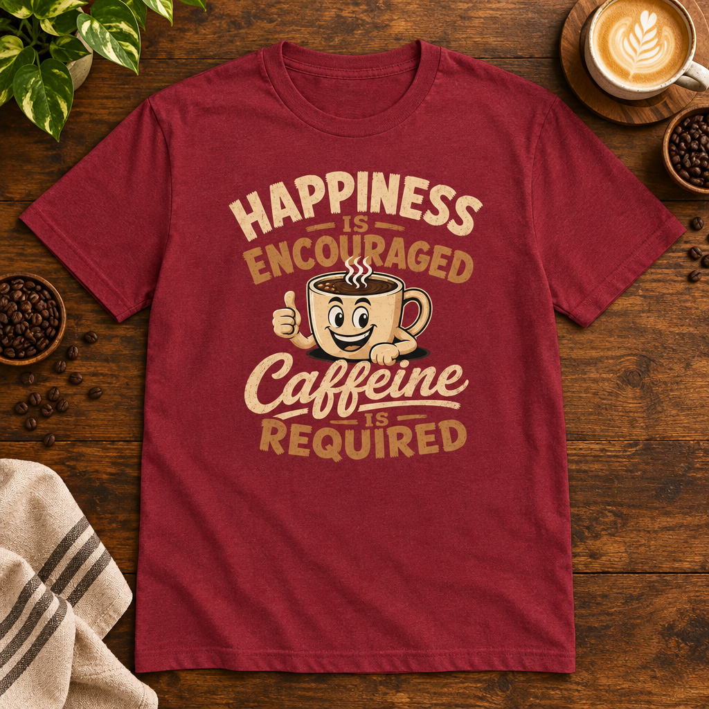 Caffeine is Required T-Shirt Antique Cherry Red on warm coffee bar