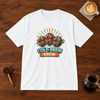 Cold Brew Crew T-Shirt White flat lay on walnut coffee bar